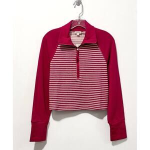 NWT: Pilcro - Women's Cropped, Half Zip, Striped & Solid, Raspberry Pullover (S)